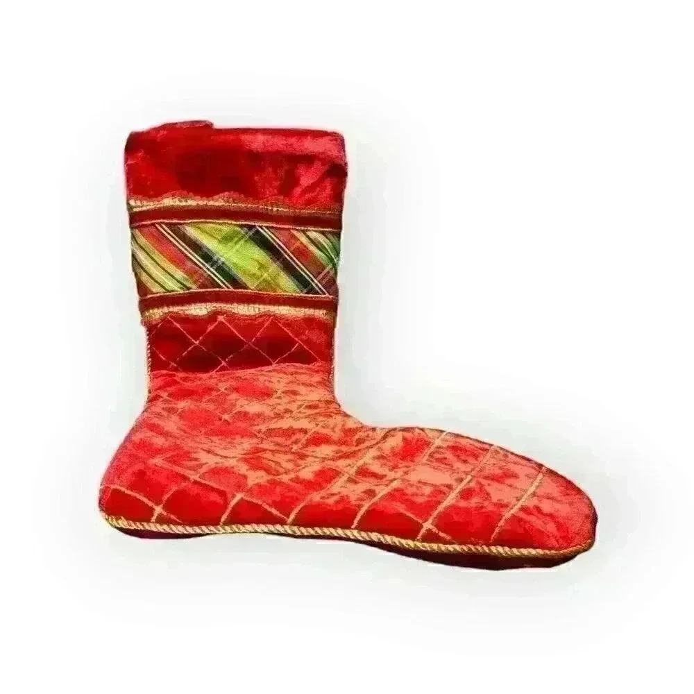 Red Velvet Diamond Quilted Gold Embroidered Plaid Christmas Stocking 23" Holiday - Picture 4 of 4
